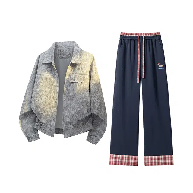 素杭 潮牌街头时尚扎染立领短款夹克衫外套搭配松紧腰刺绣格纹直筒阔腿长裤两件套休闲运动套装 男女同款