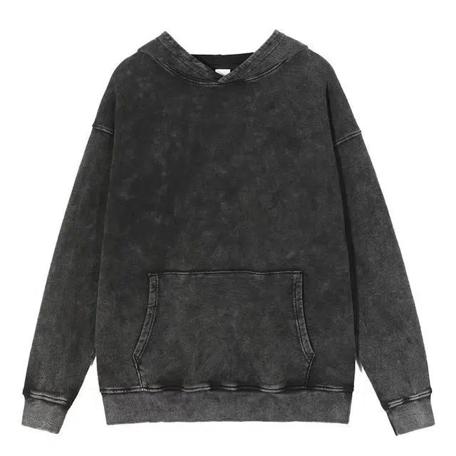 沐诚阳译 欧美高街暗黑洗水做旧纯色男潮牌炒色宽松连帽衫加绒卫衣 男女同款