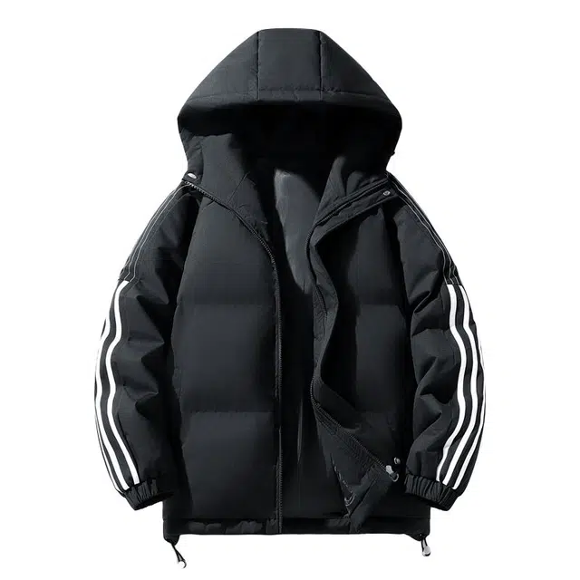 棉基因 冬季连帽纯色侧边条纹撞色优质棉棒球服保暖高个小个子日系男简约潮流夹棉袄子美式高街青少年职场通勤学院风棉衣外套 男女同款