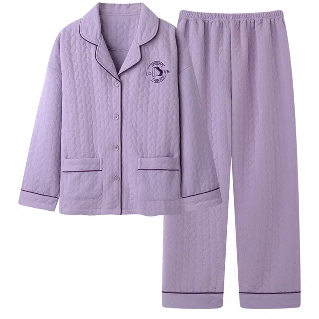 宫蝶 简约风长袖空气棉开衫夹层家居服宽松舒适可外穿睡衣套装 男女同款