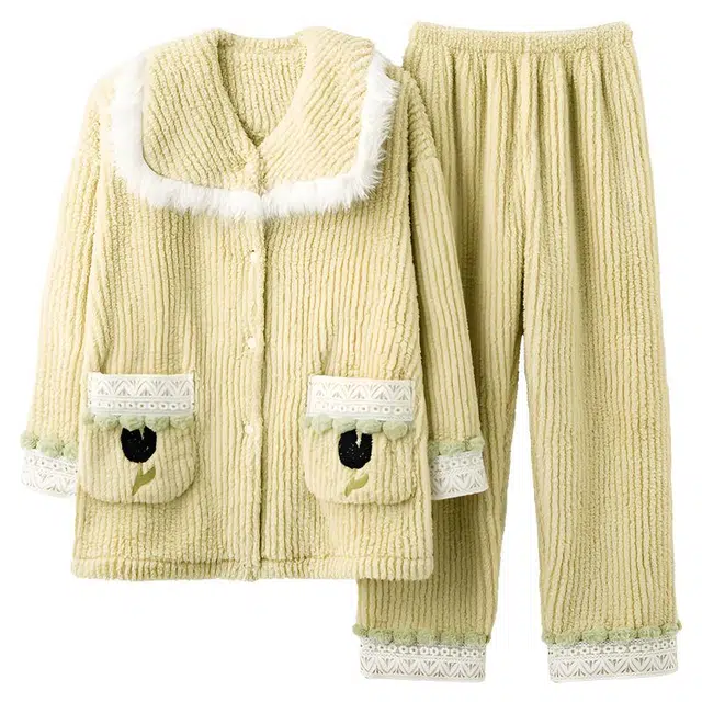 莫代尔 新中式中国风冬季珊瑚绒加厚加绒法兰绒保暖唐装家居服睡衣套装 女款