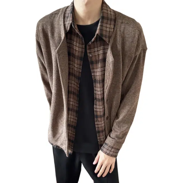 蛊惑 复古格纹拼接假两件开衫毛衣秋冬外套慵懒高级感百搭针织衫 男女同款