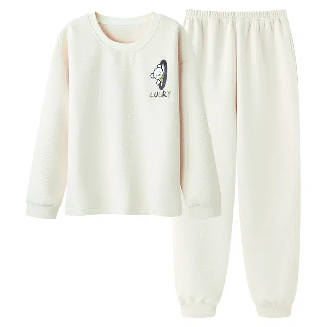 宫蝶 简约风长袖空气棉夹层家居服宽松舒适可外穿大码睡衣套装 男女同款