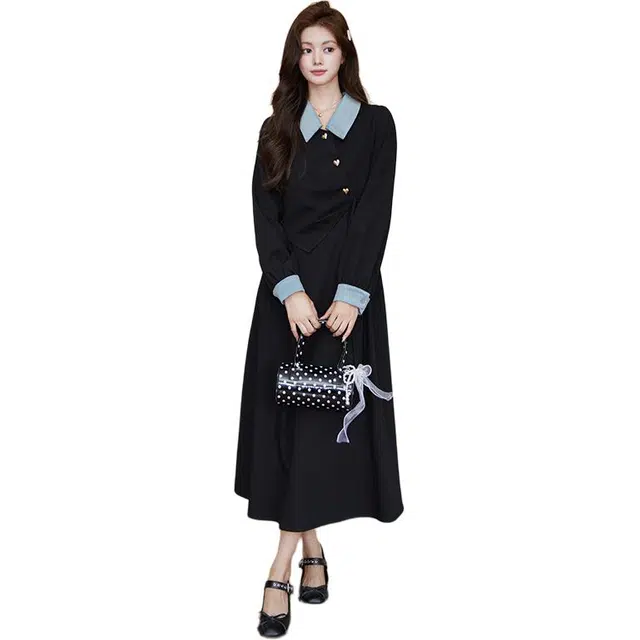 袋鼠 黑色拼接气质设计感收腰显瘦温柔风裙子长袖连衣裙 女款