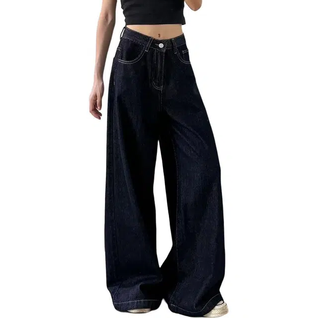 如续 秋冬上新加绒加厚不褪色高档面料美式复古高街设计高腰阔腿显瘦慵懒休闲日常通勤垂感宽松直筒拖地裤女生小个子款牛仔裤 女款