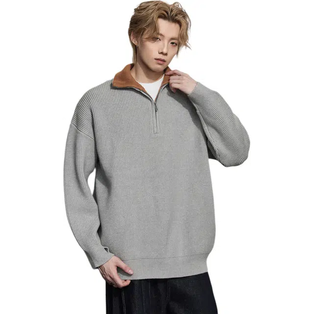 隐狼世家 半拉链高领针织衫男秋冬季灰色通勤慵懒风毛衣情侣休闲外套卫衣 男款