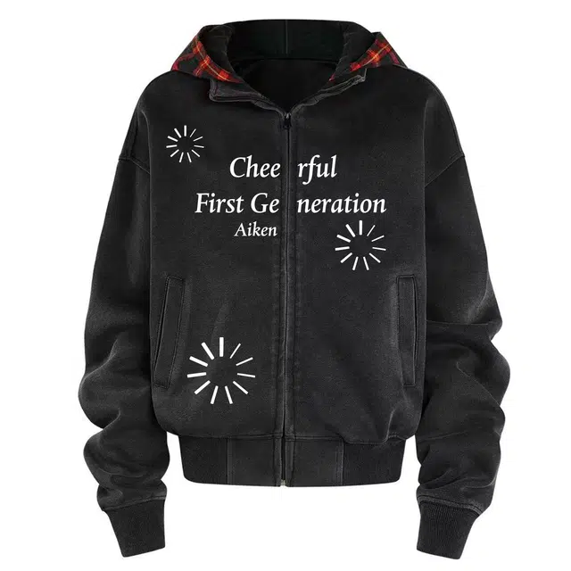 爱肯 美式复古风格水洗做旧个性撞色格纹设计感帽衫假两件拉链开衫拼接纯色百搭时尚宽松潮牌痞帅小众慵懒风外套情侣款卫衣 男女同款