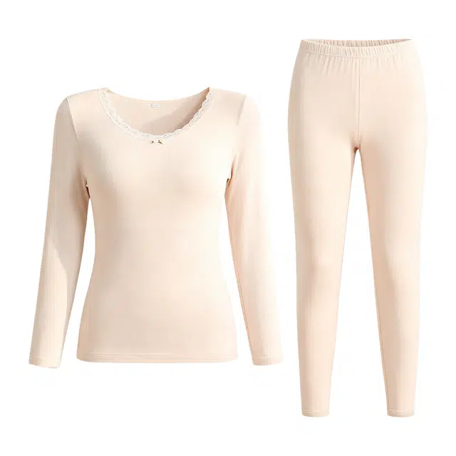 兰缪 百搭恒温蕾丝圆领内衣轻薄不臃肿高弹服帖柔软舒适全身抗静电秋衣秋裤时尚透气保暖套装 女款