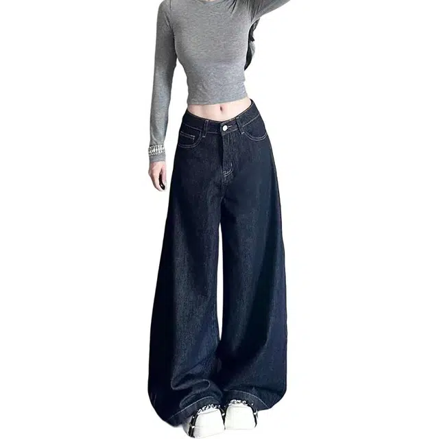 如续 秋冬上新不褪色高档面料美式高街复古设计垂感高腰阔腿显瘦慵懒宽松休闲直筒拖地裤牛仔裤 女款