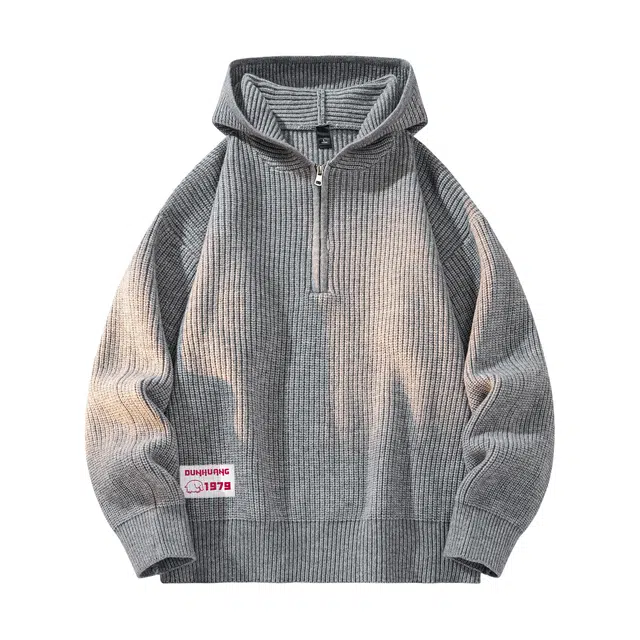 敦煌博物馆 复古学院风慵懒感简约织唛标半拉链连帽纯色基础款宽松休闲时尚通勤百搭保暖针织毛衣 男女同款