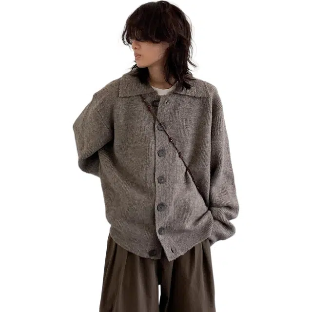 虫小绿 慵懒风立领单排扣设计开衫美式潮牌嘻哈街头痞帅复古高街时尚百搭无性别主义潮流个性小众休闲针织衫 男女同款