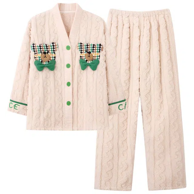 莫代尔 法兰珊瑚绒可爱加绒加厚秋冬季天可外穿家居服女士保暖睡衣套装 女款