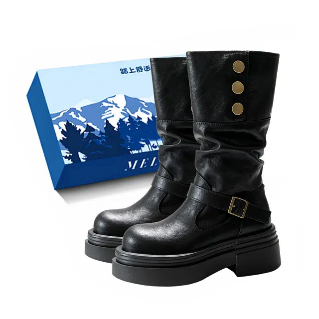 小鹿米利 显瘦增高小个子粗腿骑士靴厚底长筒 短靴 女
