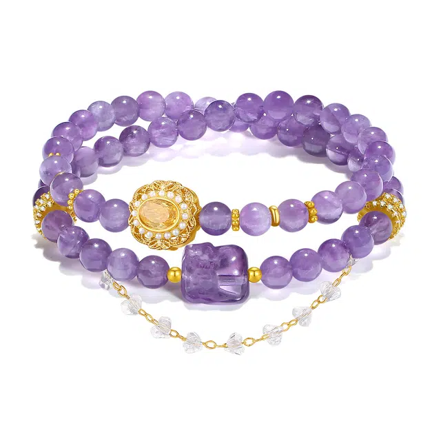 【普陀山已过香】 普陀山文创 紫定发财新中式九紫离火能量磁场梦幻貔貅招财转运紫气东来精致双圈好运 紫水晶 手串 男女同款情侣款