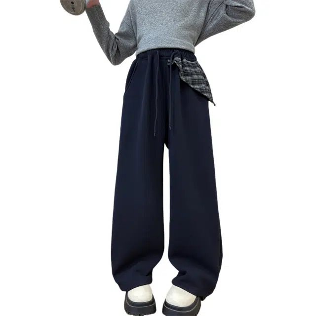 木清清长裤 洋气时髦女童中大童宽松加绒加厚格纹拼接舒适阔腿裤 青少年