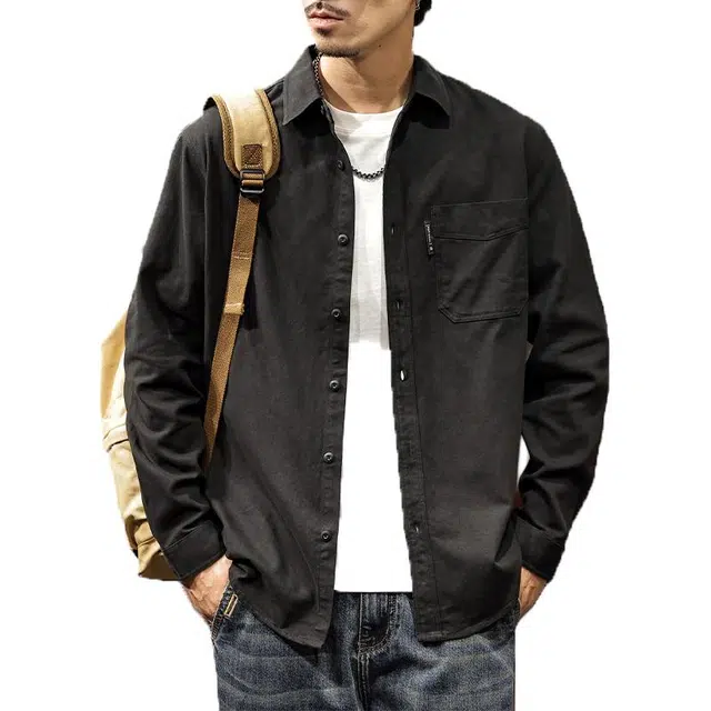 路杰邦 美式高级感痞帅男长袖潮牌外套春秋款宽松纯口袋翻领衬衣衬衫 男款