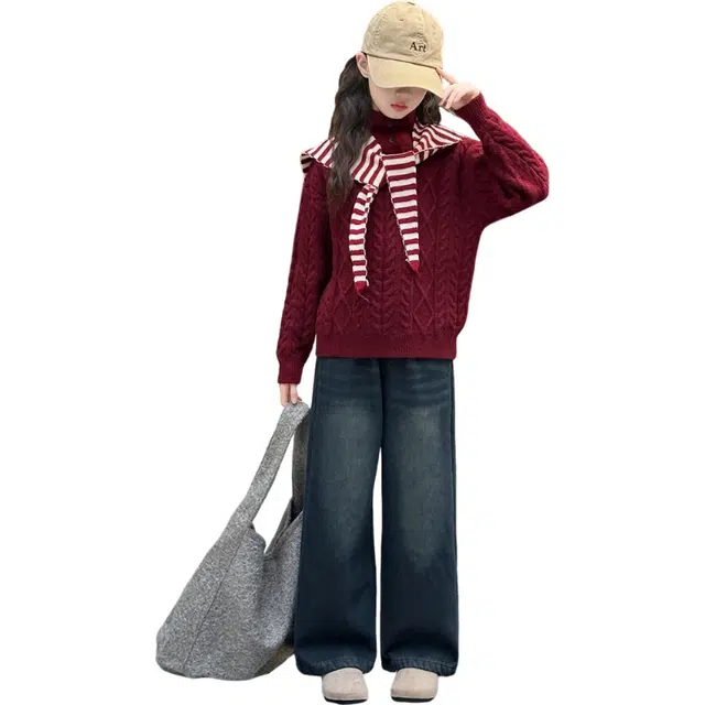 木清清休闲运动套装 活力元气秋冬款女童披肩麻花软糯针织毛衣阔腿裤两件套 青少年
