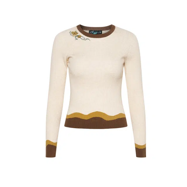 两三事 浪野之秋 复古文艺简约时尚优雅高级感设计休闲宽松舒适日常通勤百搭圆领绣花拼色打底衫长袖上衣毛针织衫 女款