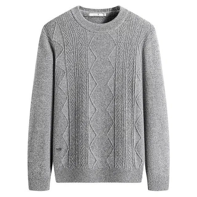 与狼共舞 纯羊毛软糯亲肤舒暖时尚复古绞花肌理圆领中长款针织毛衣 男款