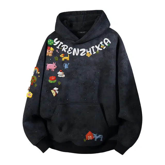 一人之下 仿刺绣项链风美式扎染创意满天星艺术字母印花设计潮流时尚舒适学生党宽松百搭随性透气通勤高级感基础款长袖套头卫衣 男女同款