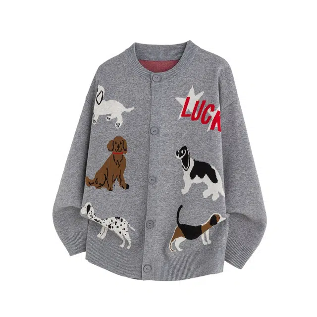 加荣 美式复古潮牌小狗提花开衫宽松慵懒休闲百搭针织衫 男女同款