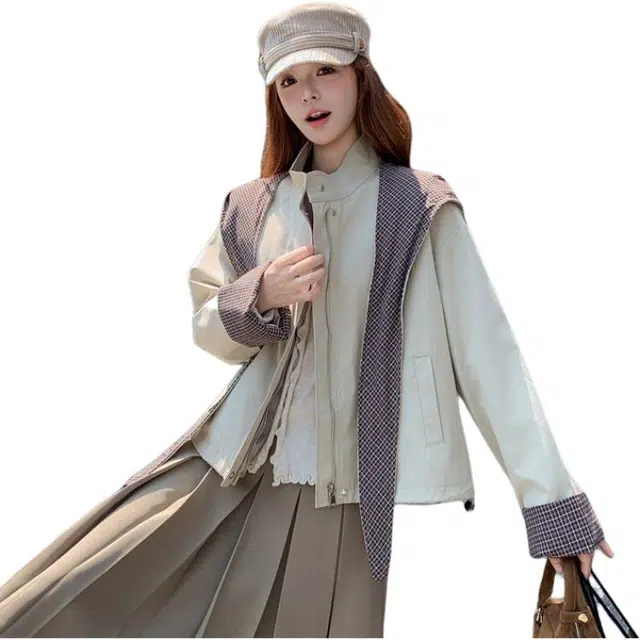 袋鼠 减龄格纹拼接连帽短外套女小个子流行巨好看夹克 女款