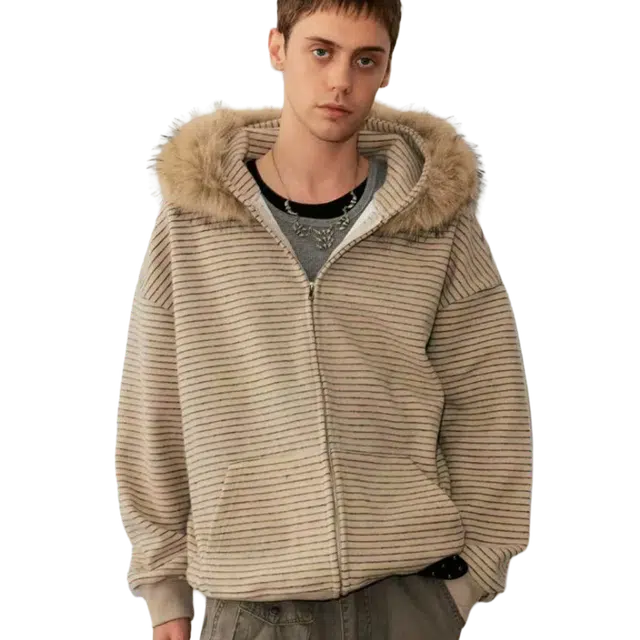 一碗士多 条纹拼色毛领静默美式复古休闲百搭宽松小众个性化高级感防风情侣日常城市户外通勤出街拍照无性别主义慵懒感卫衣 男女同款