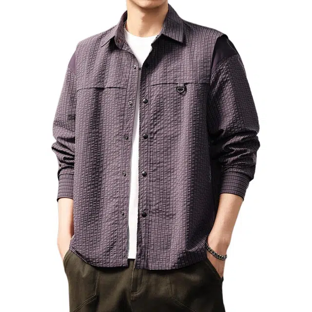 贵色 美式设计感撞色拼接格子长袖衬衫 男女同款