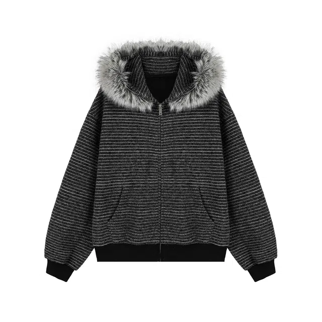 笔杏 美式复古毛领连帽条纹拼接设计宽松休闲开衫版型小众高级氛围感潮流时尚日常同情亲肤舒适卫衣 男女同款