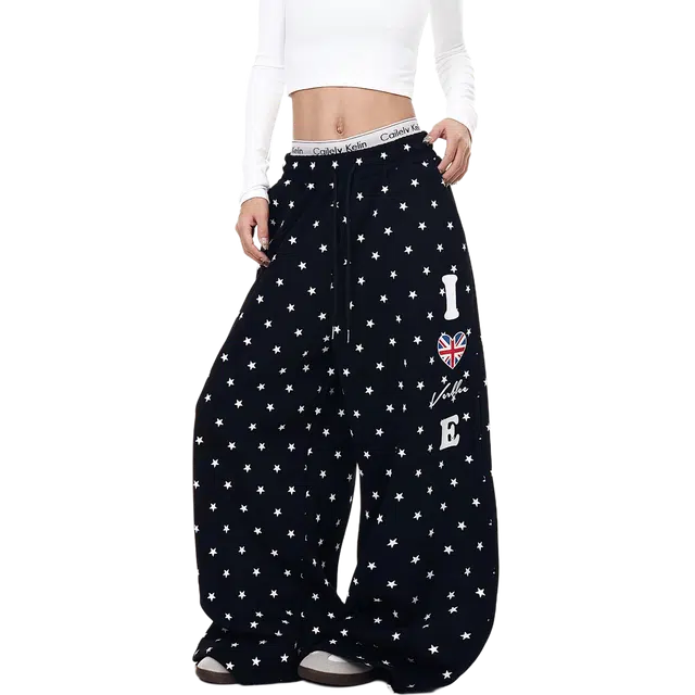 一碗士多 星星波点爱心撞色小众高级设计感复古无性别主义不挑人中腰适中宽松舒适日常城市户外通勤出街拍照显高显瘦卫裤休闲裤 男女同款