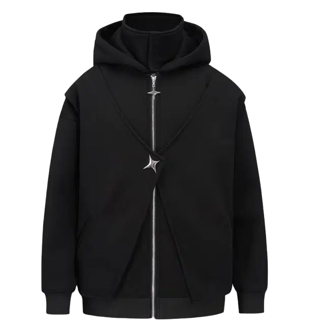 笔杏 静默美式复古高街重工机能暗黑废土风小众个性百搭设计宽松慵懒舒适城市日常通勤假两件痞帅连帽拉链开衫卫衣 男女同款