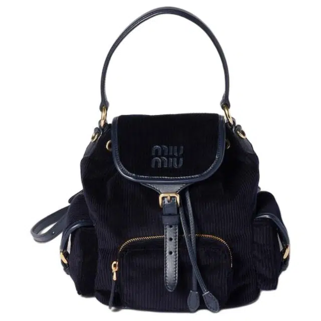 Miu Miu Leather Logo Corduroy Backpack Medium Blue