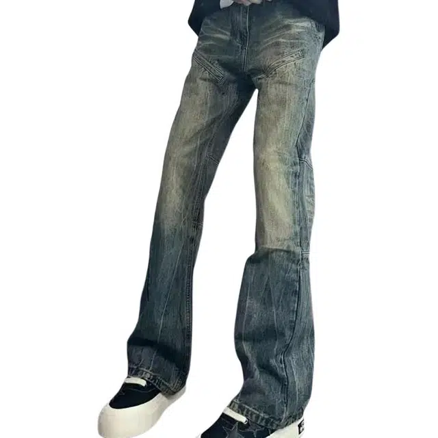 洞洞拐 美式复古水洗做旧百搭高腰微喇裤宽松显瘦潮流牛仔裤 男女同款