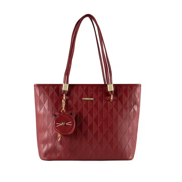 维尼奥 菱格纹托特包萌趣猫咪挂饰百搭通勤手提包 合成革 单肩包 常规 女款 红色