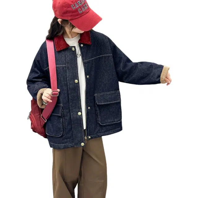 木清清棉衣 时尚洋气女童中大童宽松夹棉加厚休闲牛仔外套秋冬 青少年