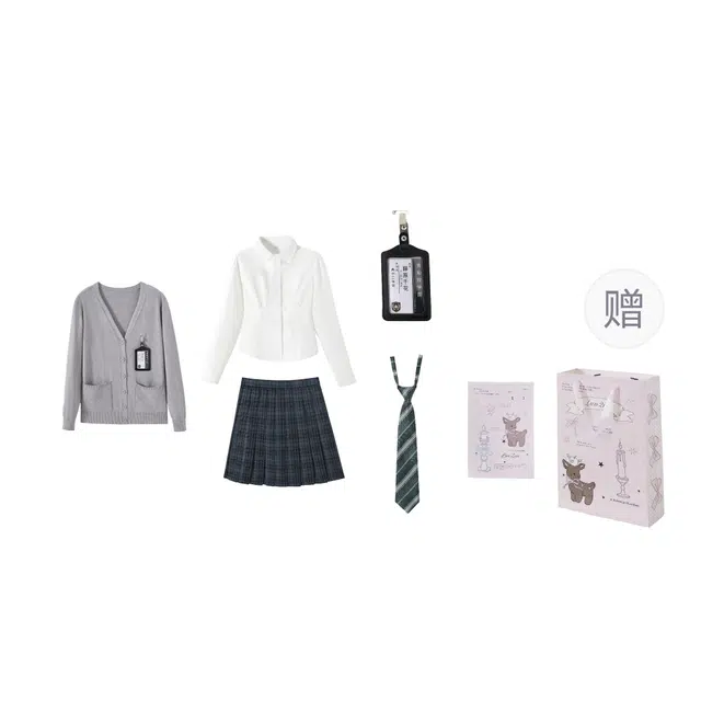 花山家的猫 日系秋冬可爱学院风纯欲甜美日常针织长袖开衫胸牌衬衫条纹领结格子百褶裙制服 女款