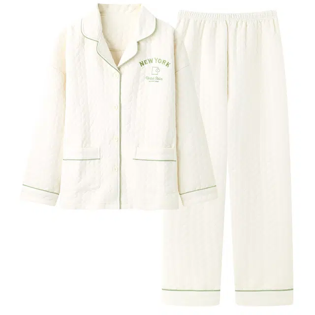 宫蝶 简约风空气棉开衫夹层长袖家居服宽松舒适可外穿睡衣套装 男女同款