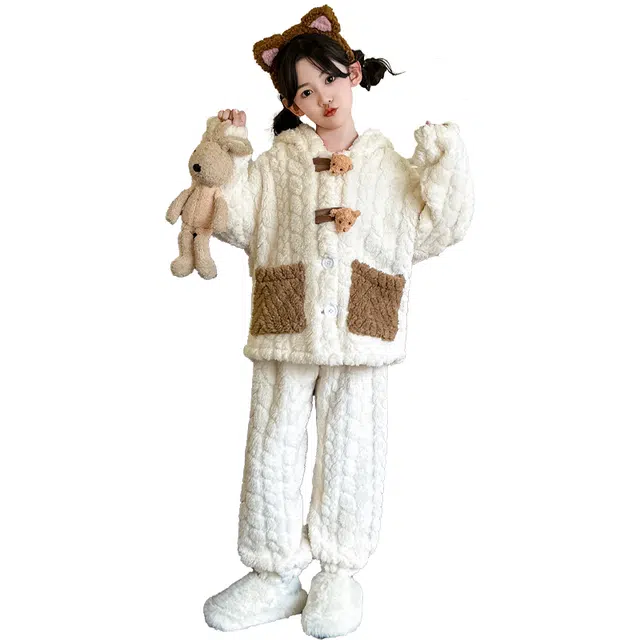 蓝彩何家居服套装 女童睡衣冬季新款儿童双面绒衣服装中大童女孩加绒连帽两件套
