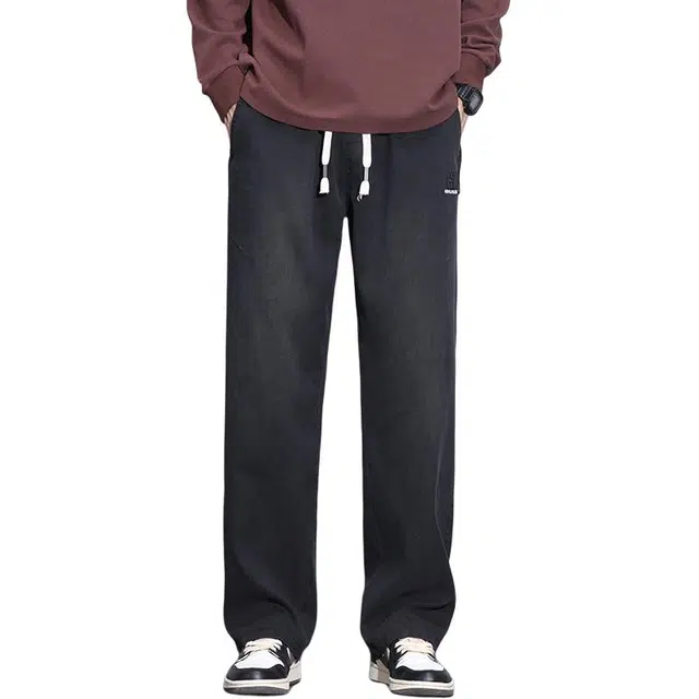 卡丹狄诺 天丝莱赛尔男士秋冬阔腿直筒宽松版型抽绳款松紧腰刺绣款长裤男休闲裤 男款