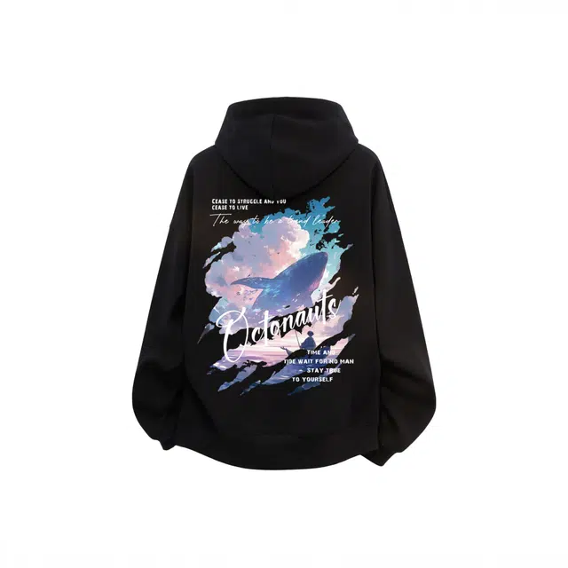 海底小纵队 美式高街上衣时尚品牌字母海豚风景印花宽松落肩休闲长袖潮牌运动舒适嘻哈学院风学生百搭简约连帽无绳国潮卫衣 男女同款