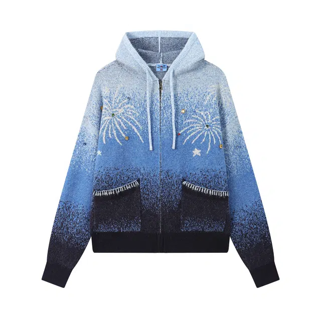 江南先生 流浪者之歌 渐变糯米绒烟花亮钻提花开衫毛衣氛围感宽松休闲针织衫 男女同款