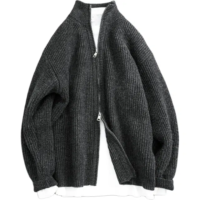 宫奴 日系休闲潮牌复古简约百搭宽松双向拉链立领开衫针织衫 男女同款