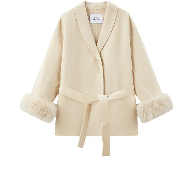 太平鸟 甄毛系列可脱卸狐狸毛袖口收腰浴袍全羊毛双面呢大衣 女款