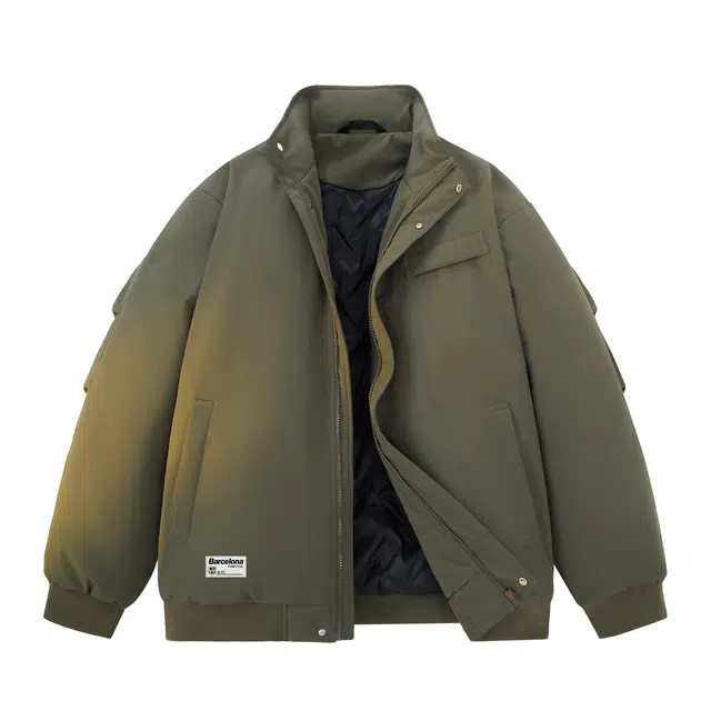 巴塞罗那足球俱乐部 美式复古纯色立领夹棉防风防水面包服棉袄休闲宽松加厚抗寒落肩飞行百搭工装夹克外套棉服 男女同款