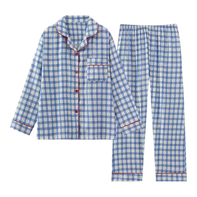 橡柠派 学院风经典格纹时尚舒适柔软长袖长裤家居服两件套百搭开衫休闲学宿舍少女心睡衣套装 女款