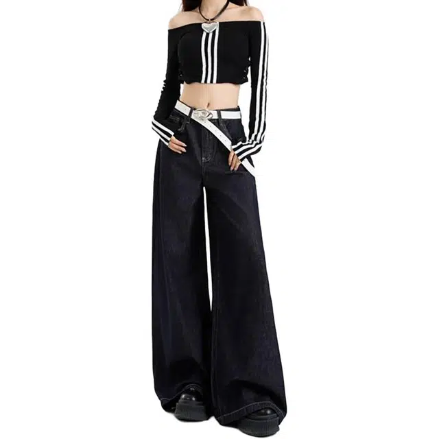 如续 秋冬上新不褪色高档面料高街设计简约高腰显瘦阔腿垂感慵懒保暖百搭时尚宽松直筒拖地裤女生小个子款牛仔裤 女款