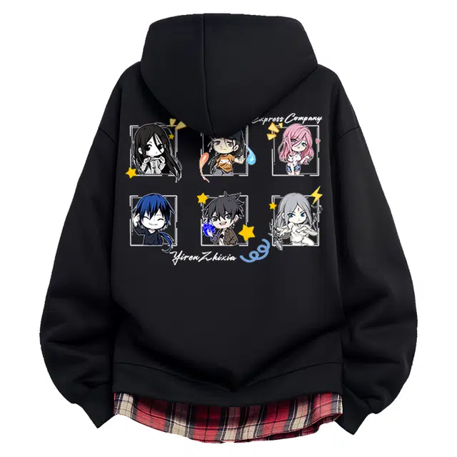 一人之下 国潮美式高街潮流个性时尚印花品牌二次元休闲舒适宽松开衫连帽格子日常百搭穿搭长袖卡通动漫无性别民族亚版套头卫衣 男女同款