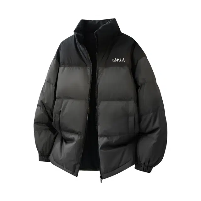 巴塞罗那足球俱乐部 美式简约基础款字母印花舒适休闲保暖防风宽松立领学院风加厚长袖羽绒服 男女同款