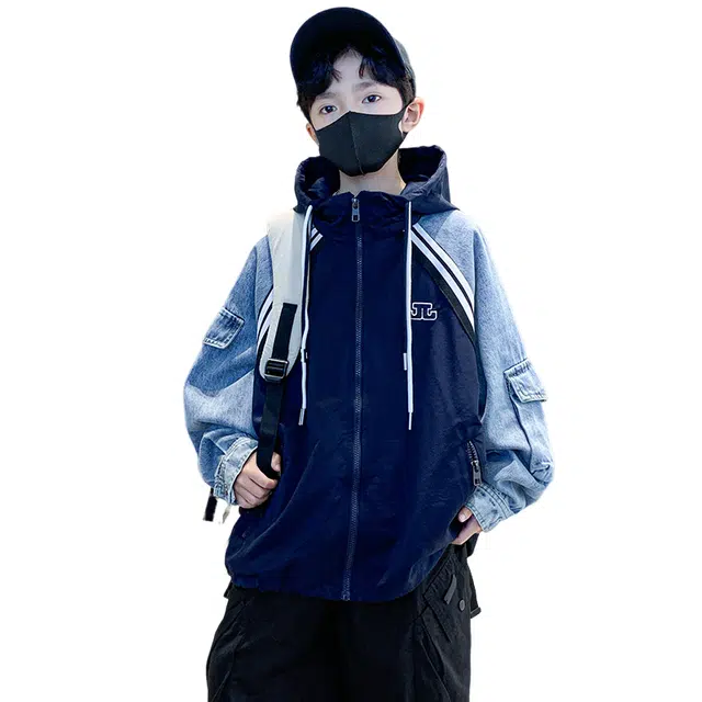 浪莎休闲夹克 春秋 时尚拼接连帽外套 藏青色 青少年