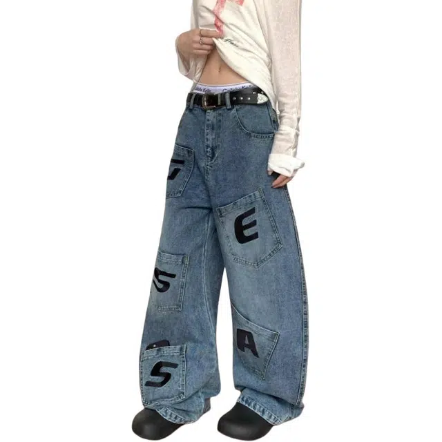 如续 美式高街字母多口袋设计感工装风阔腿长裤直筒宽松弯刀潮流痞帅牛仔裤 女款
